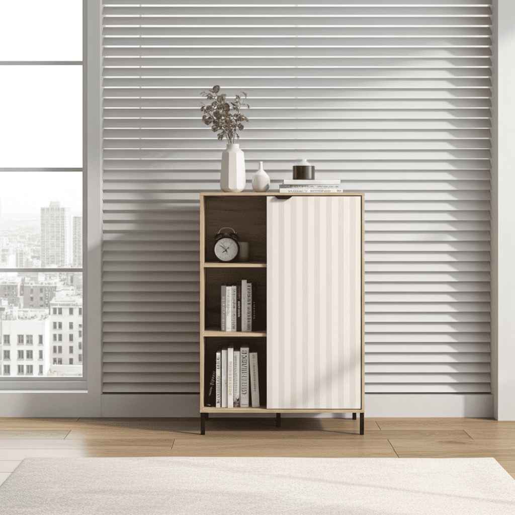 Priscilla Grey Oak Effect Cashmere Slatted Short Sideboard