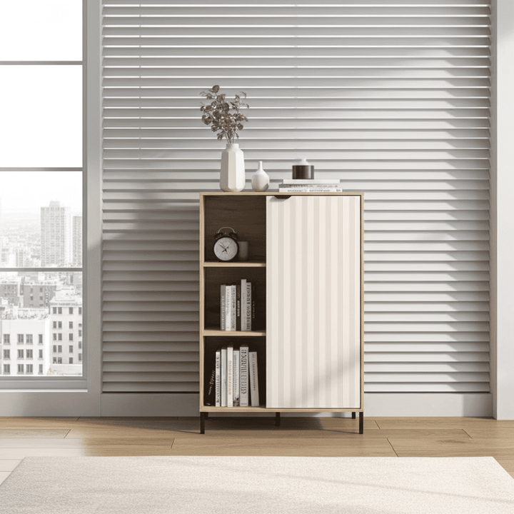 Priscilla Grey Oak Effect Cashmere Slatted Short Sideboard