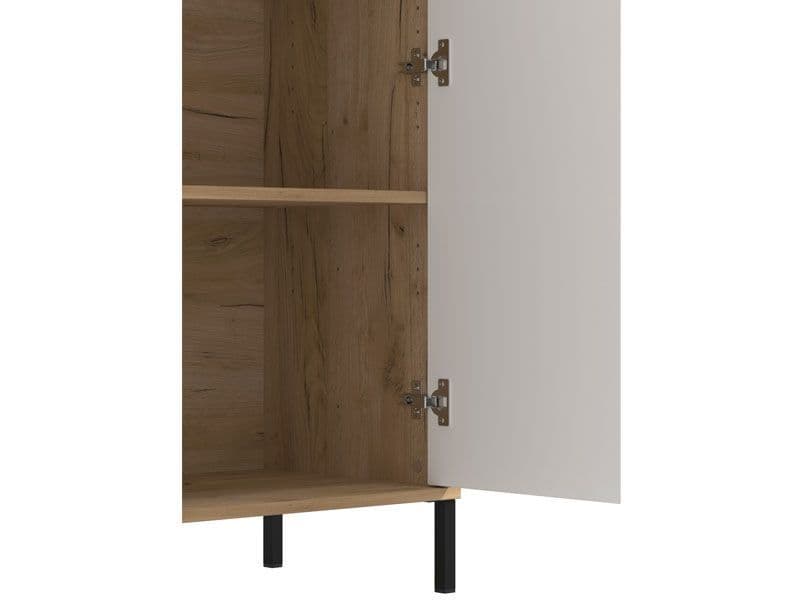 Wooden cabinet with one door open on a white background