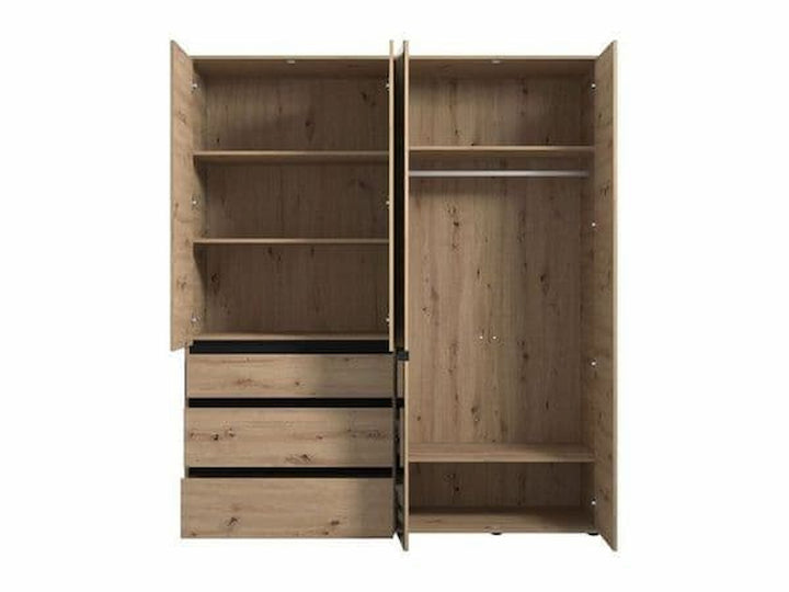 Wooden wardrobe with open doors on a white background