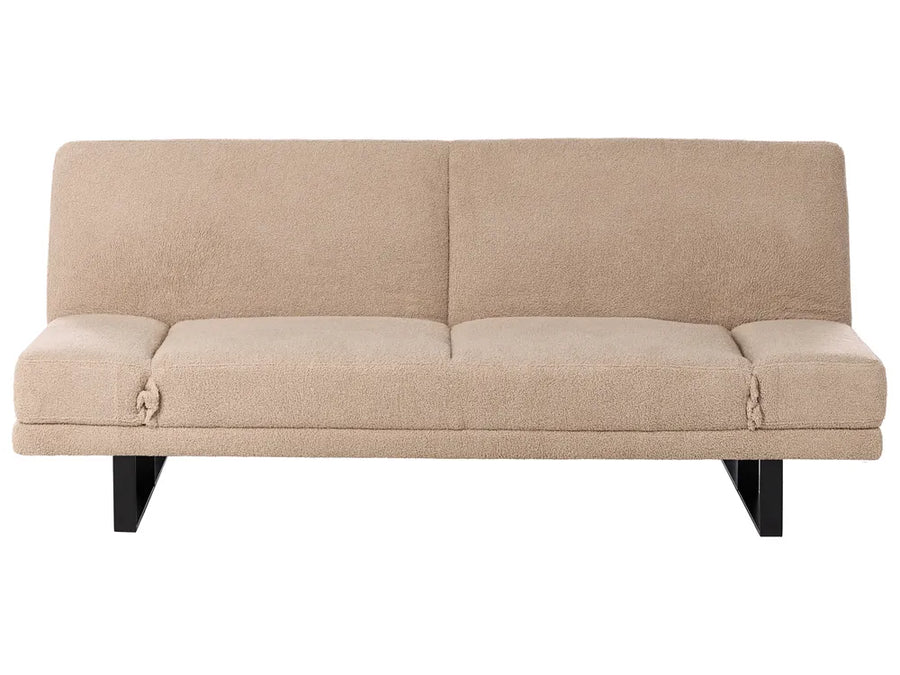 boucle sofa bed sand beige with metal legs and wooden frame