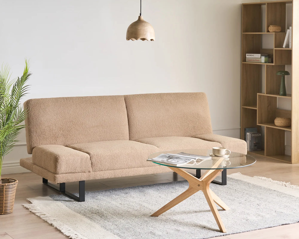 2 seater sand beige boucle sofa bed convertible with click‑clack function