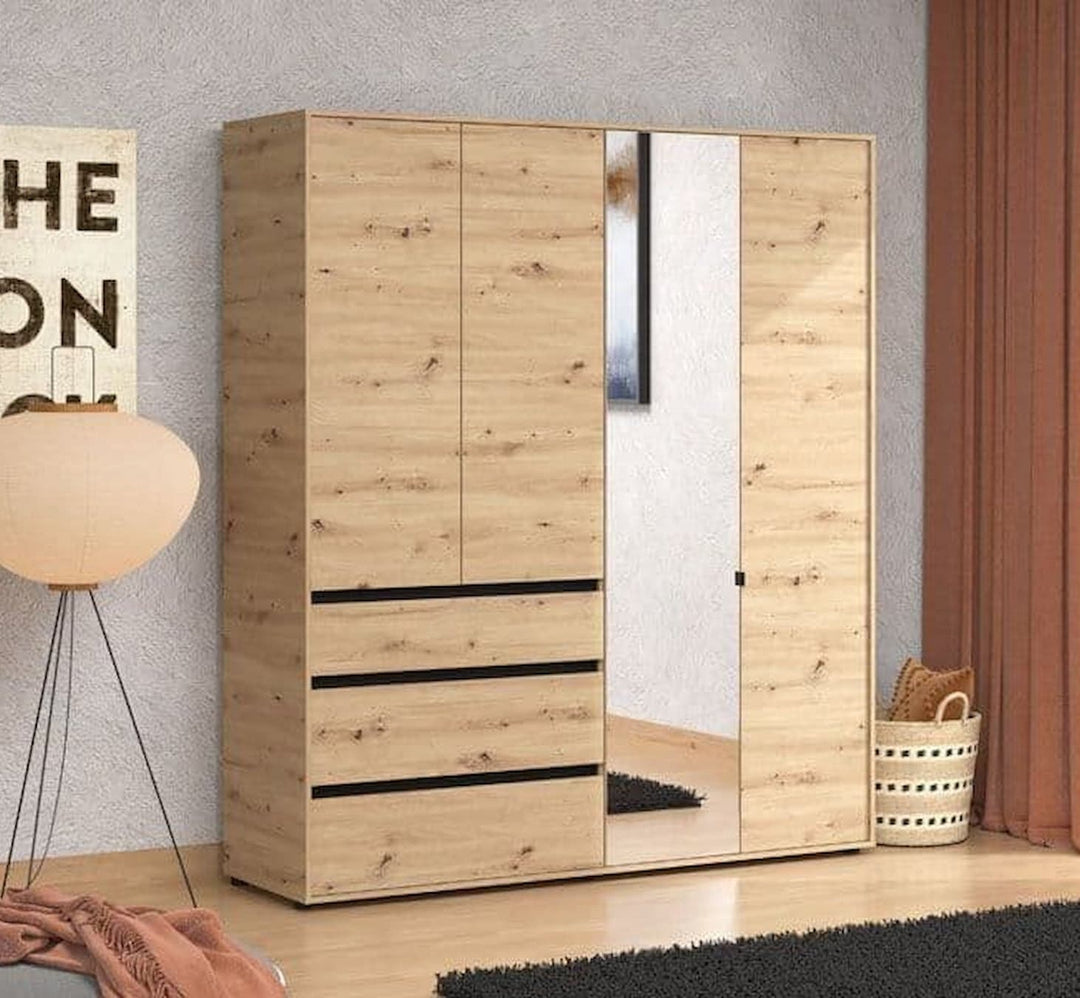 Wooden wardrobe with mirror doors in a room setting