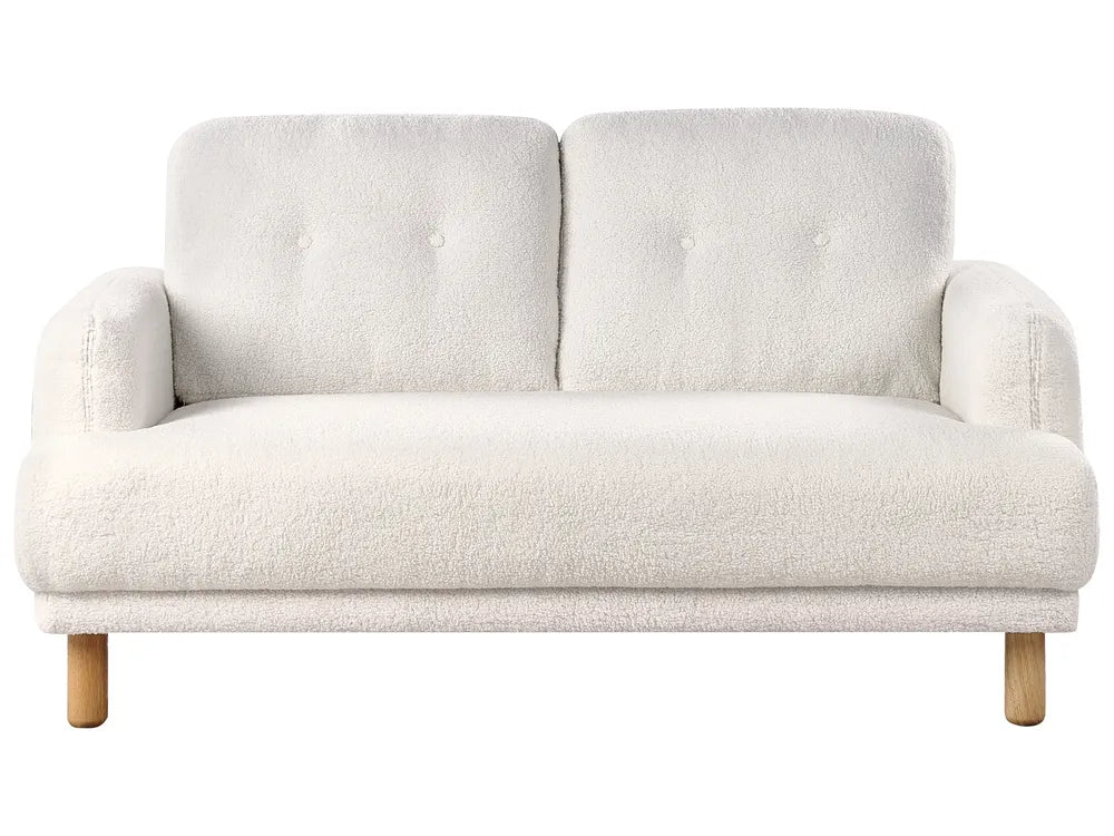 White boucle 2 seater sofa with buttoned back and wooden legs