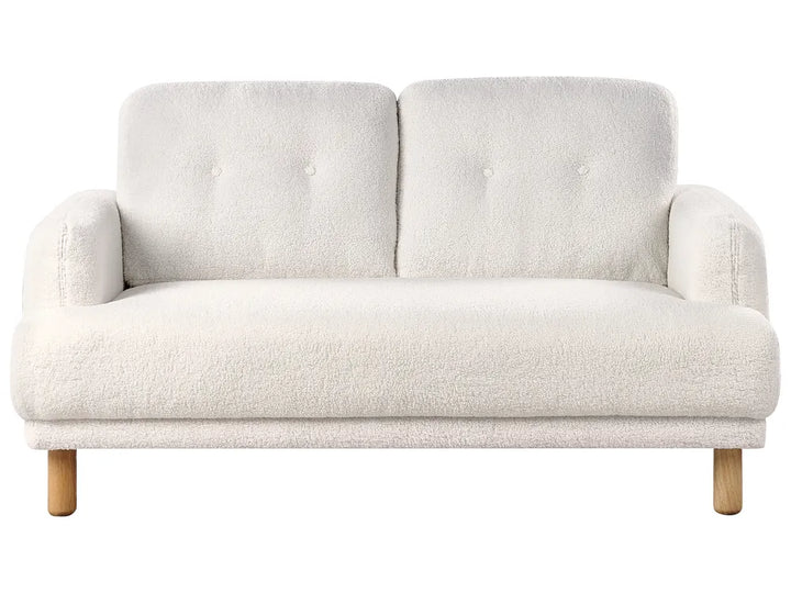 White boucle 2 seater sofa with buttoned back and wooden legs