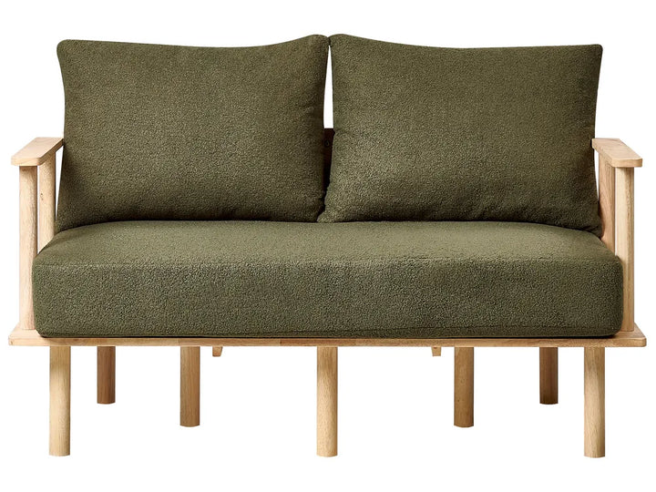 dark green boucle 2 seater sofa with wooden legs