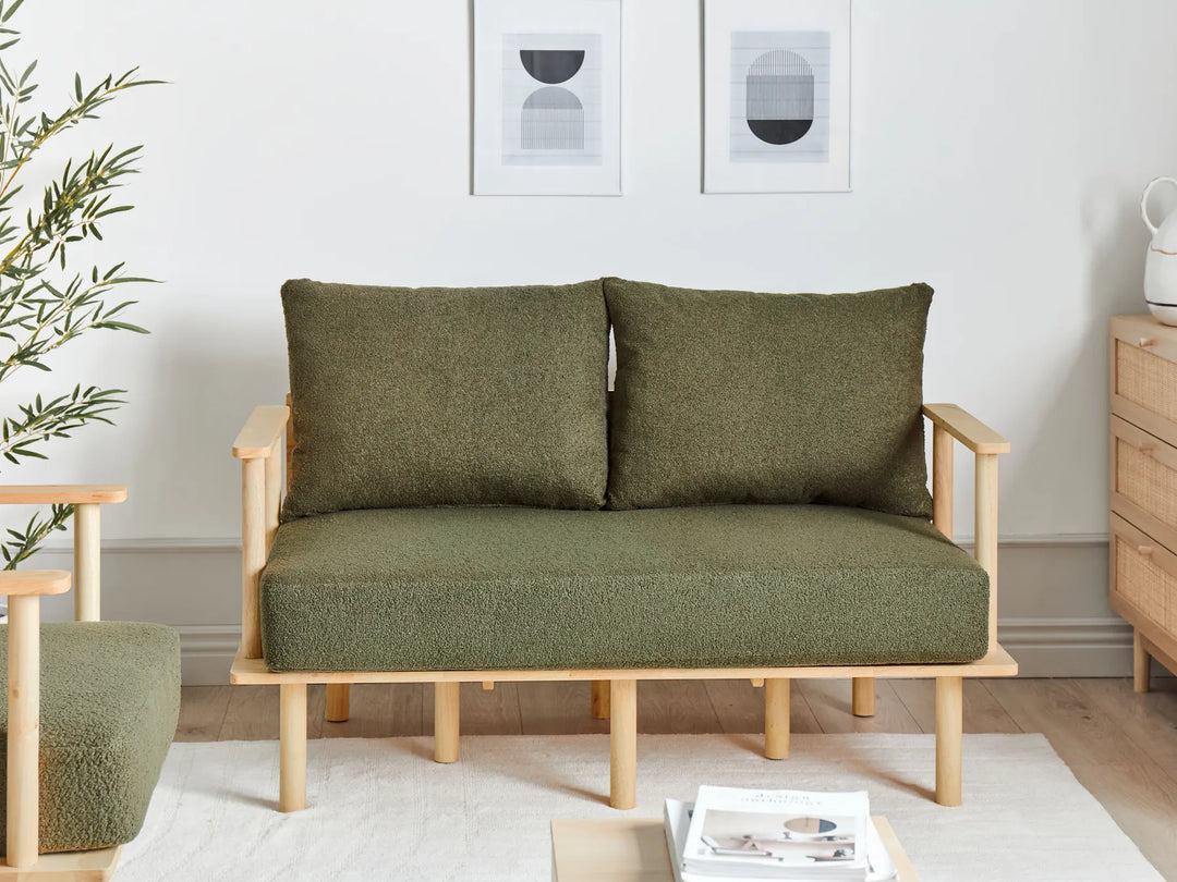 2 seater boucle sofa in dark green modern style