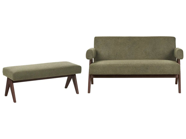 Green and dark brown boucle 2 seater sofa with wooden legs