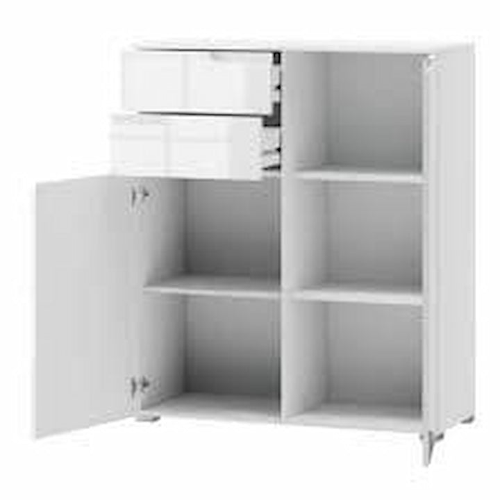 White cabinet with open door on a white background