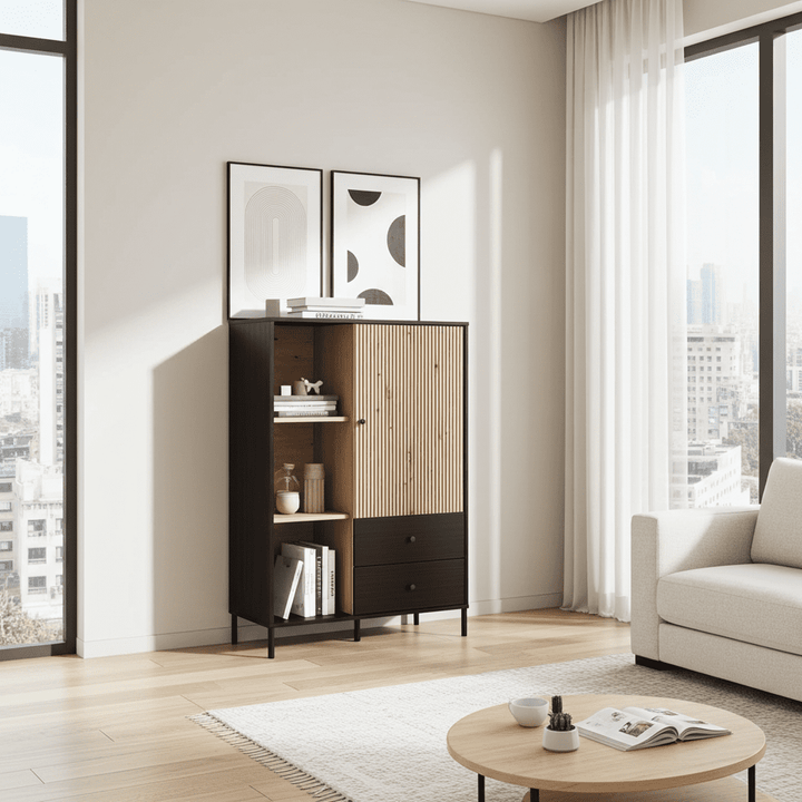 Modern living room with a black cabinet, white sofa, and round coffee table.