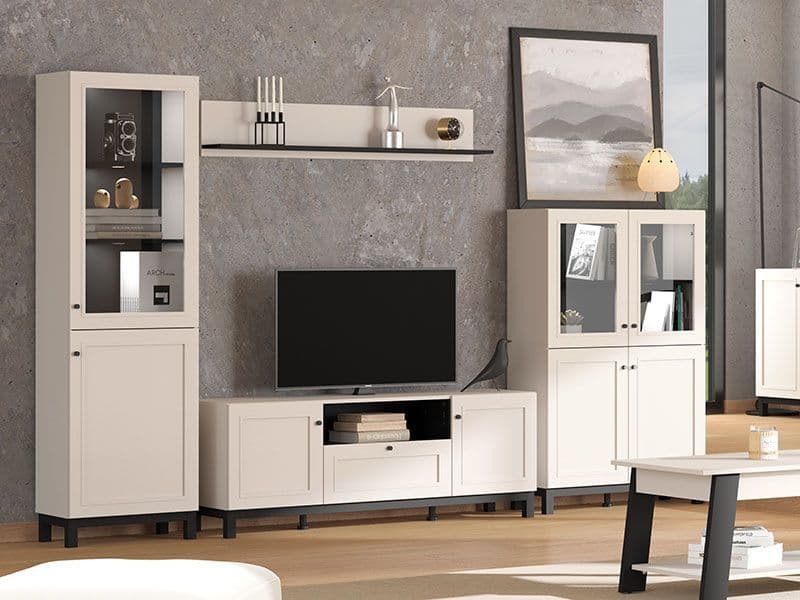 Modern living room setup with a TV and decorative cabinets against a gray wall.