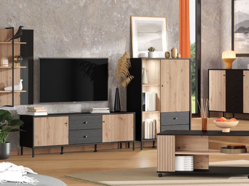 Fabian Slatted Artisan Oak Effect Black Low Display Cabinet