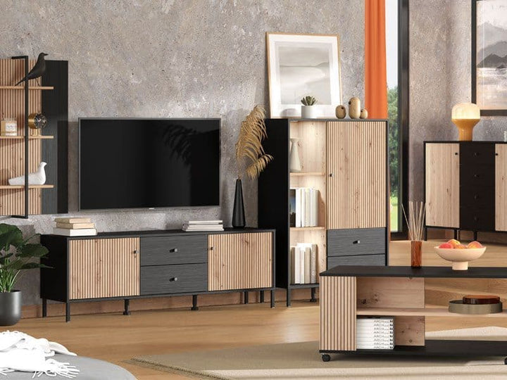 Fabian Slatted Artisan Oak Effect Black Low Display Cabinet