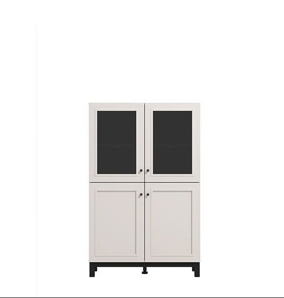 White cabinet with black glass doors 