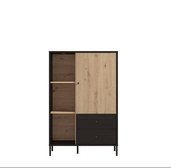 Wooden cabinet with black base and slatted door