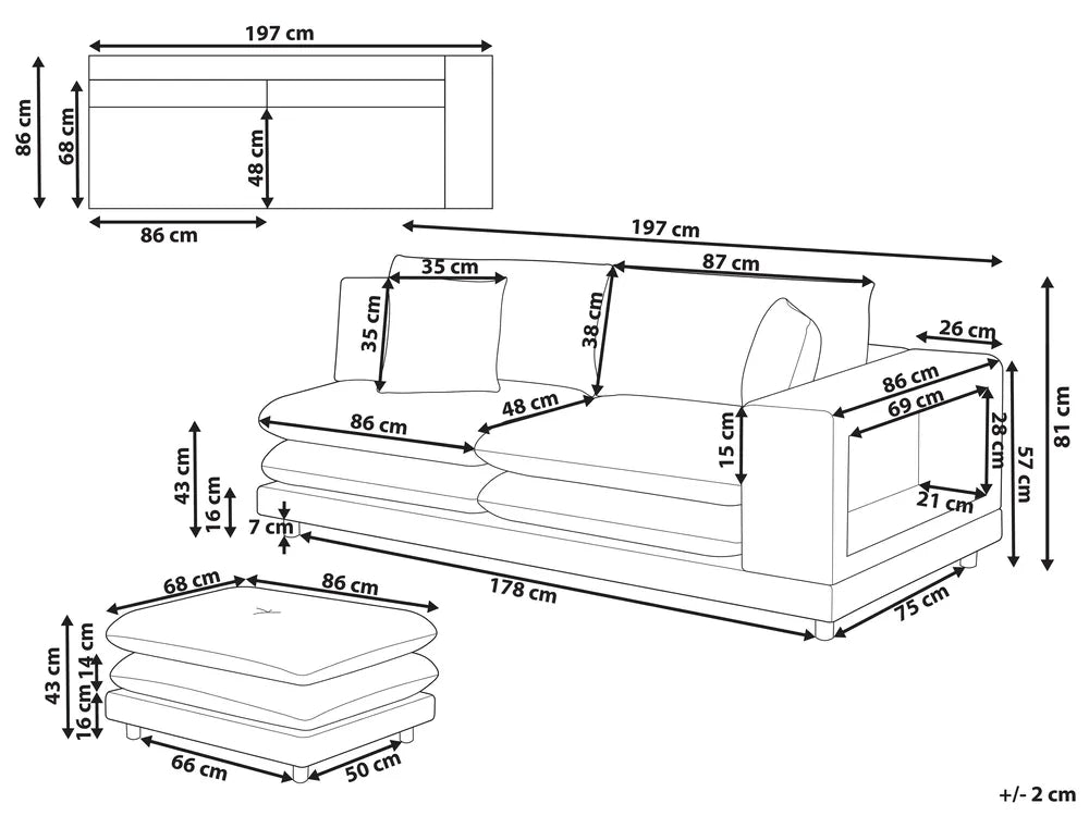 Sofa 2 Seater Fabric Beige with Ottoman Ellard
