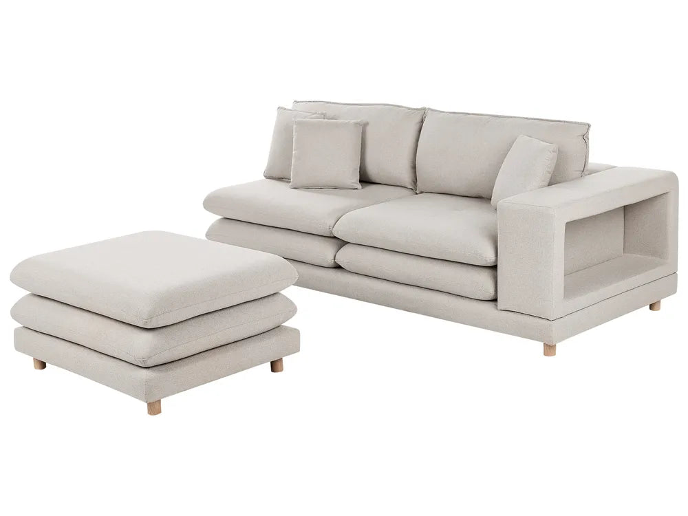 Sofa 2 Seater Fabric Beige with Ottoman Ellard