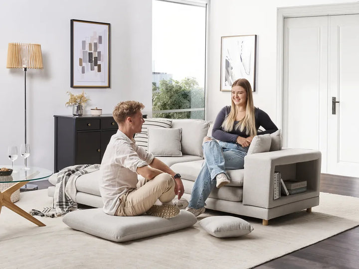 Sofa 2 Seater Fabric Beige with Ottoman Ellard