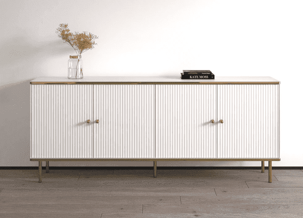 White sideboard with wooden top and legs against a white wall