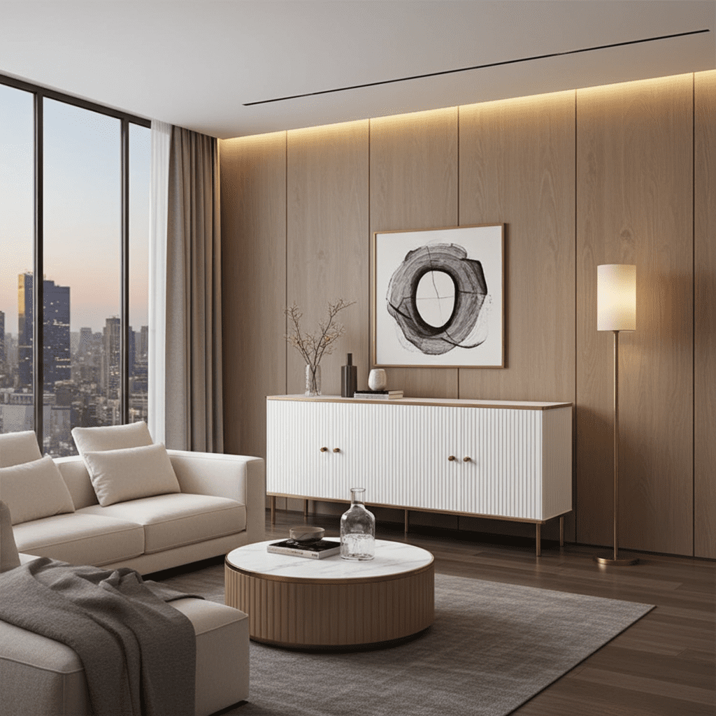 Modern living room with a cityscape view, white sofa, wooden coffee table, and decorative items.