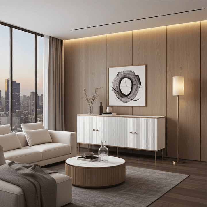 Modern living room with a cityscape view, white sofa, wooden coffee table, and decorative items.