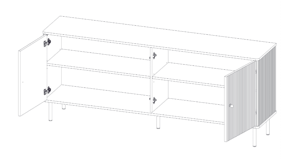 Line drawing of a modern entertainment console with open cabinet doors.