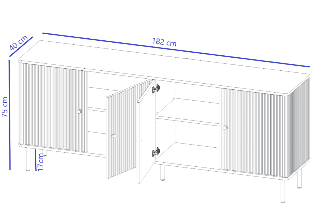 Technical drawing of a white cabinet with dimensions labeled