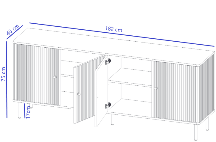 Technical drawing of a white cabinet with dimensions labeled