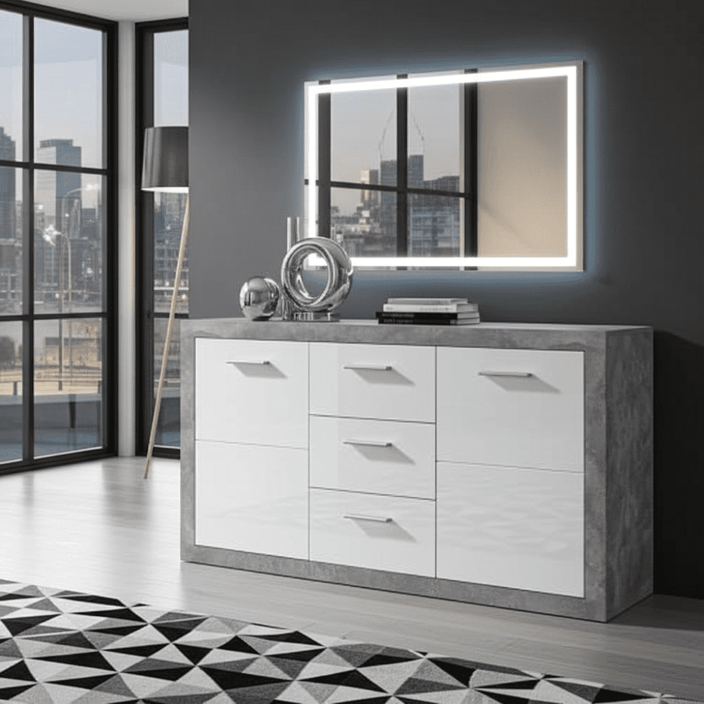 Modern grey white sideboard with cabinet storage and drawers