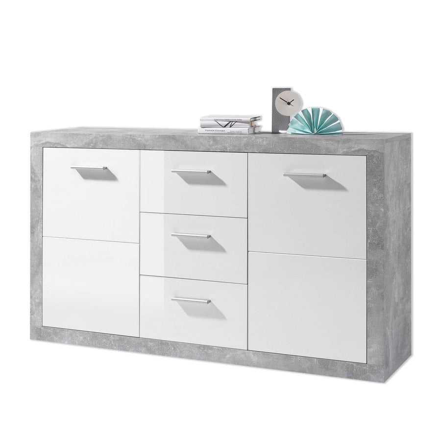 White sideboard with concrete effect frame on a white background