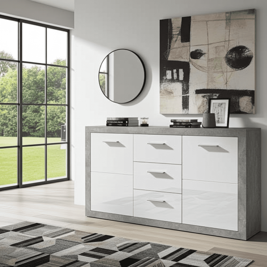 Grey and white gloss sideboard with 2 doors and 3 drawers