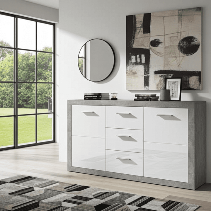 Grey and white gloss sideboard with 2 doors and 3 drawers