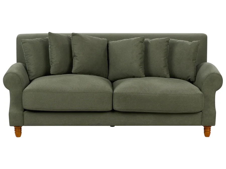 Green sofa with wooden legs on a white background