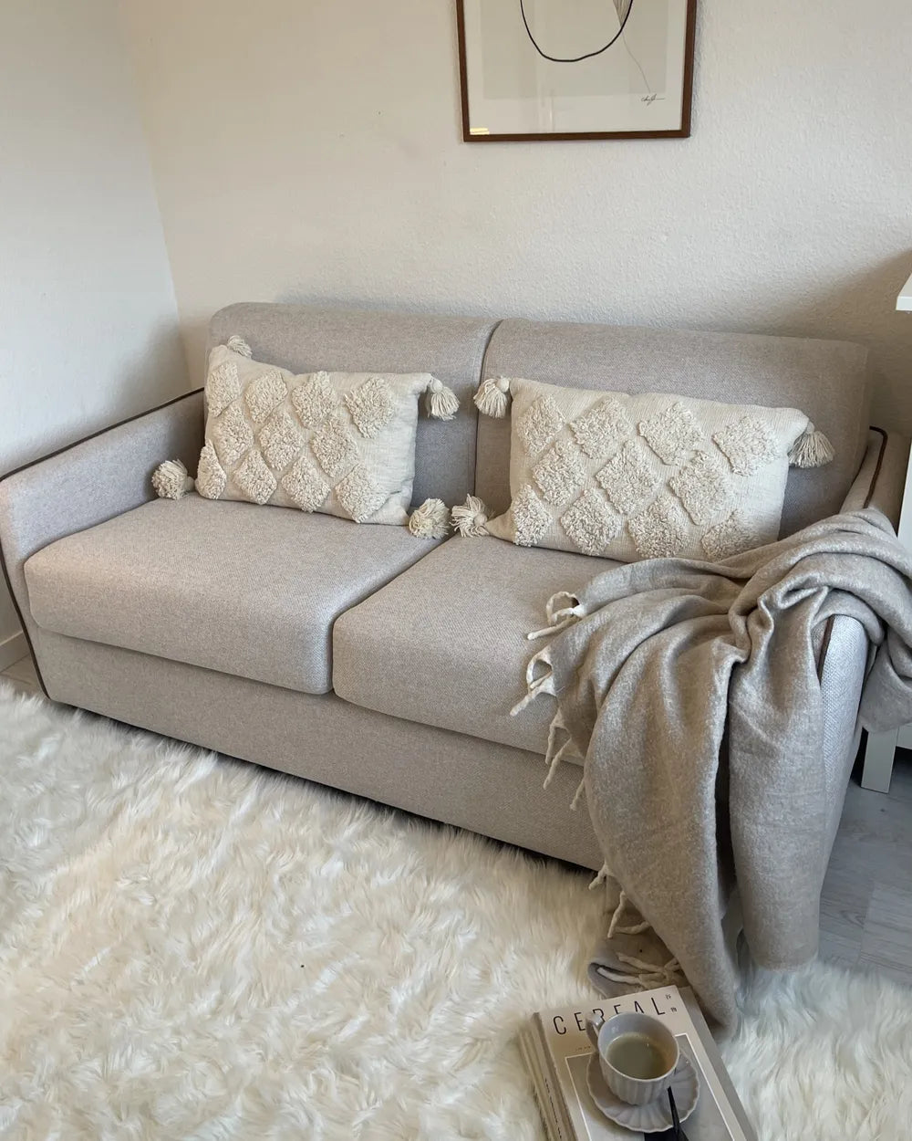 Sofa Bed 2 Seater Fabric Light Brown Owen
