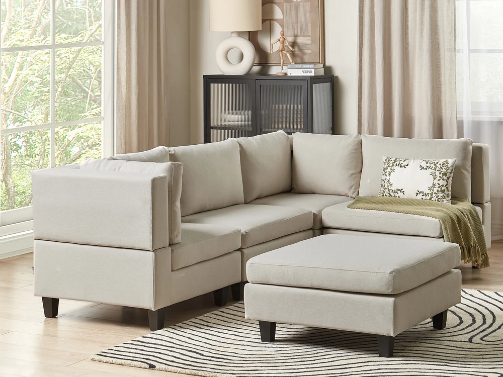 Left hand light beige fabric modular corner sofa with ottoman