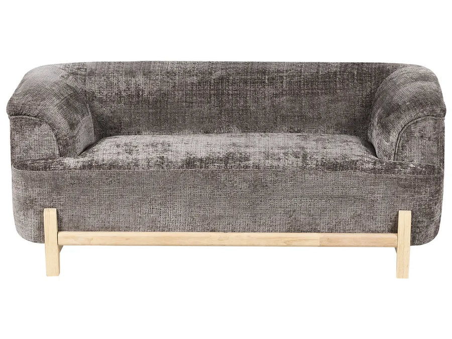 Gray textured sofa with wooden legs on a white background