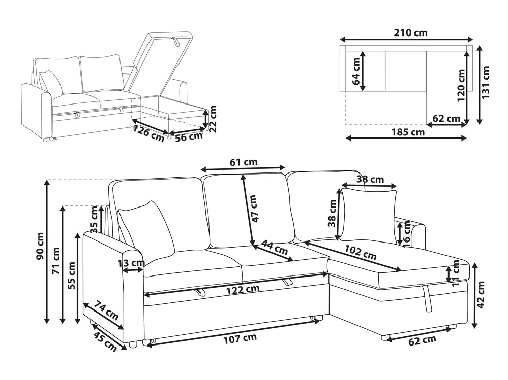 Corner Sofa Bed 3 Seater Faux Linen Black Left Hand Azuri