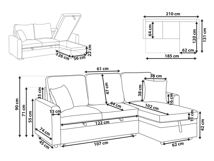 Corner Sofa Bed 3 Seater Faux Linen Black Left Hand Azuri