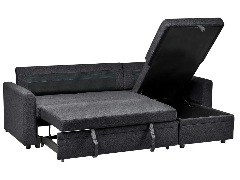 Corner Sofa Bed 3 Seater Faux Linen Black Left Hand Azuri