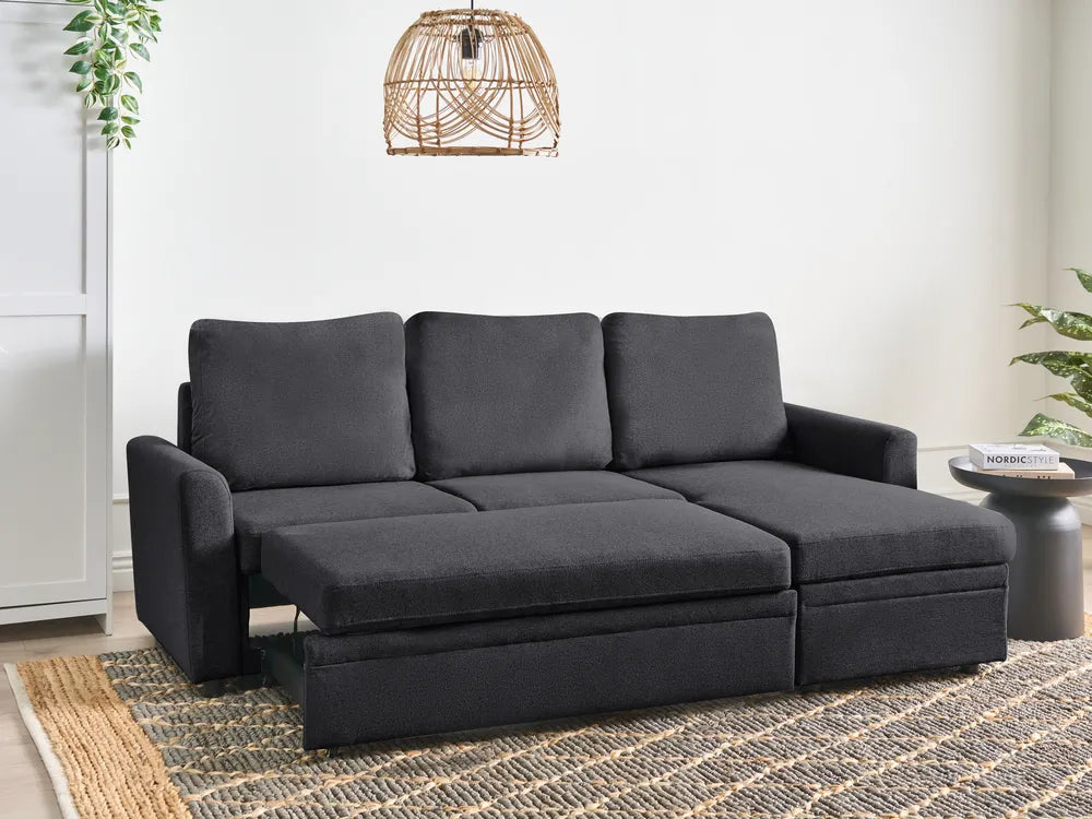 Corner Sofa Bed 3 Seater Faux Linen Black Left Hand Azuri