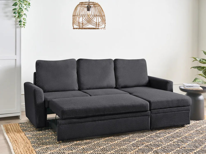 Corner Sofa Bed 3 Seater Faux Linen Black Left Hand Azuri