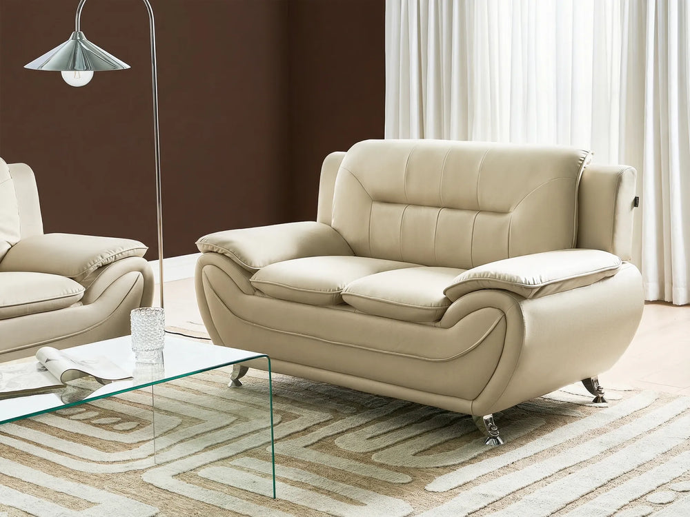 Modern beige faux leather loveseat with padded seat and armrests