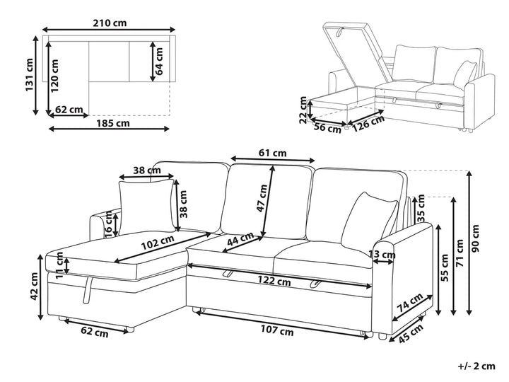 Corner Sofa Bed 3 Seater Faux Linen Black Right Hand Azuri