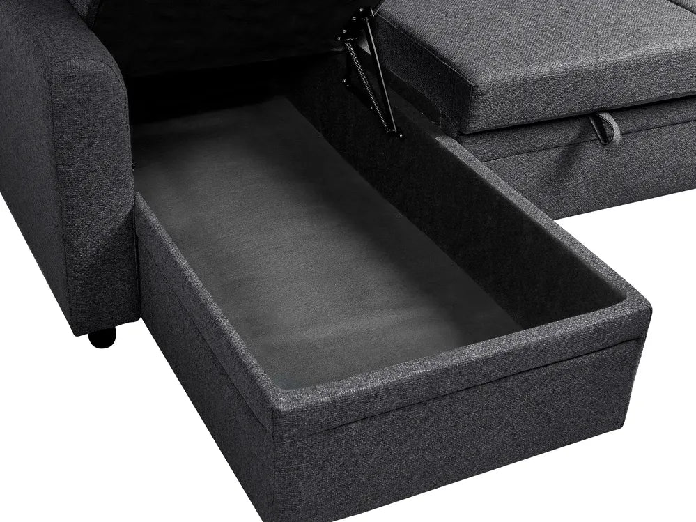 Corner Sofa Bed 3 Seater Faux Linen Black Right Hand Azuri