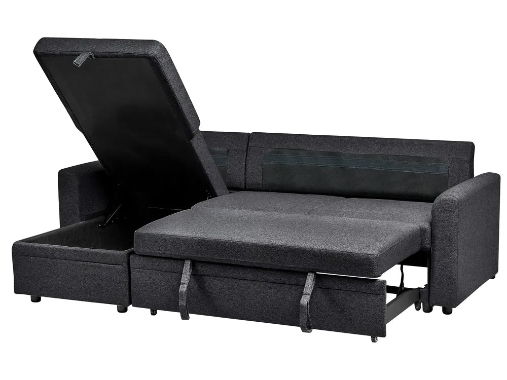 Corner Sofa Bed 3 Seater Faux Linen Black Right Hand Azuri