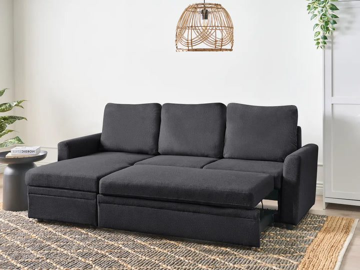 Corner Sofa Bed 3 Seater Faux Linen Black Right Hand Azuri
