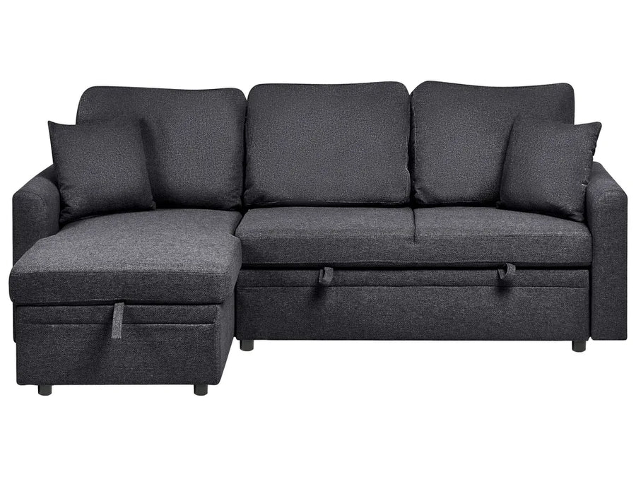 Gray sectional sofa with storage on a white background