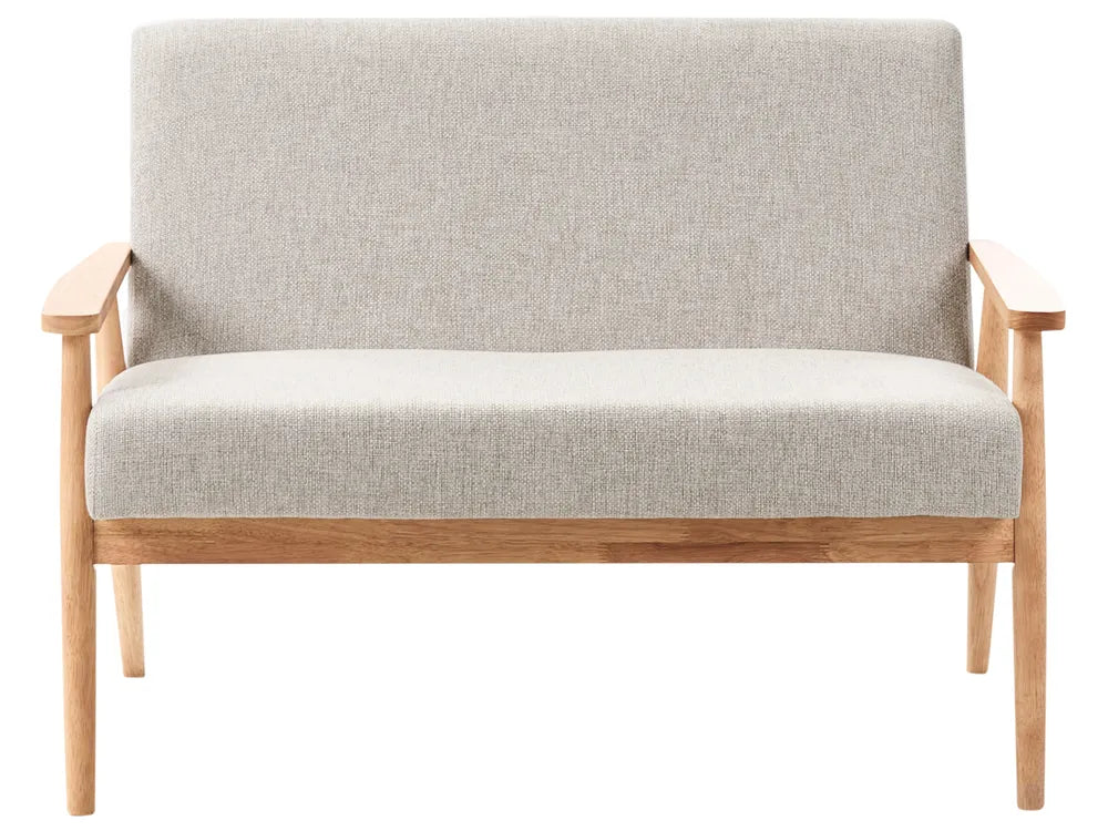 Two-seater sofa with light gray cushion and wooden frame on a white background
