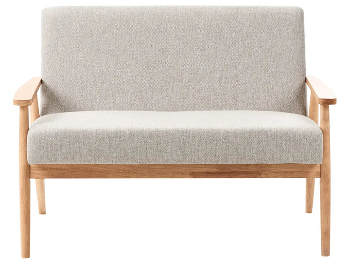 Two-seater sofa with light gray cushion and wooden frame on a white background