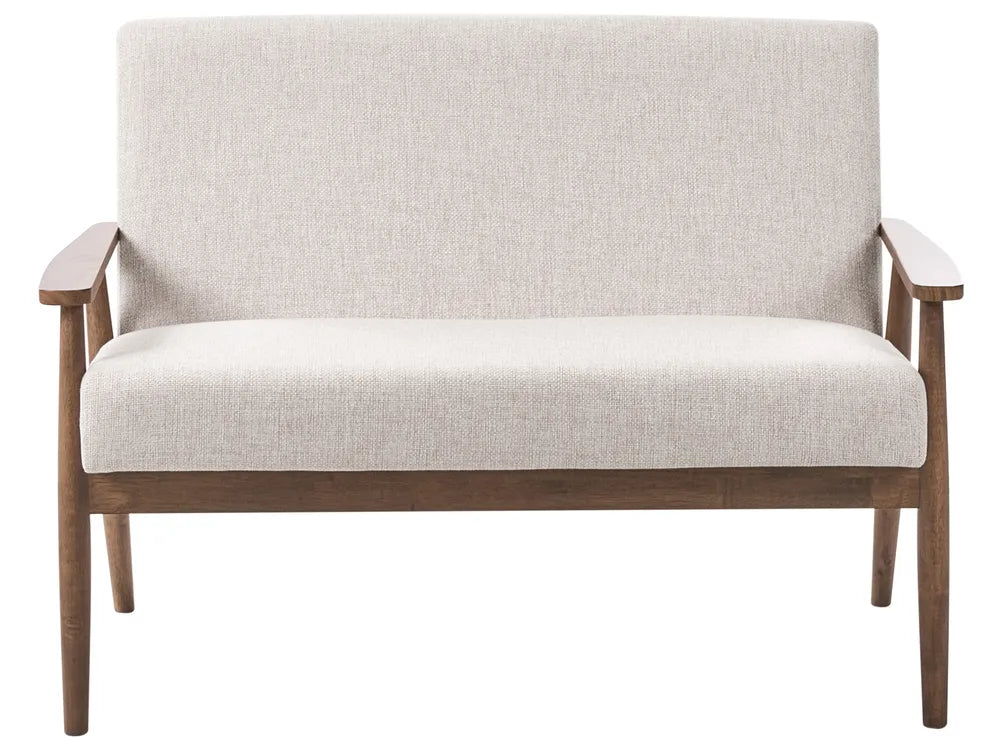 Beige loveseat with wooden frame on a white background